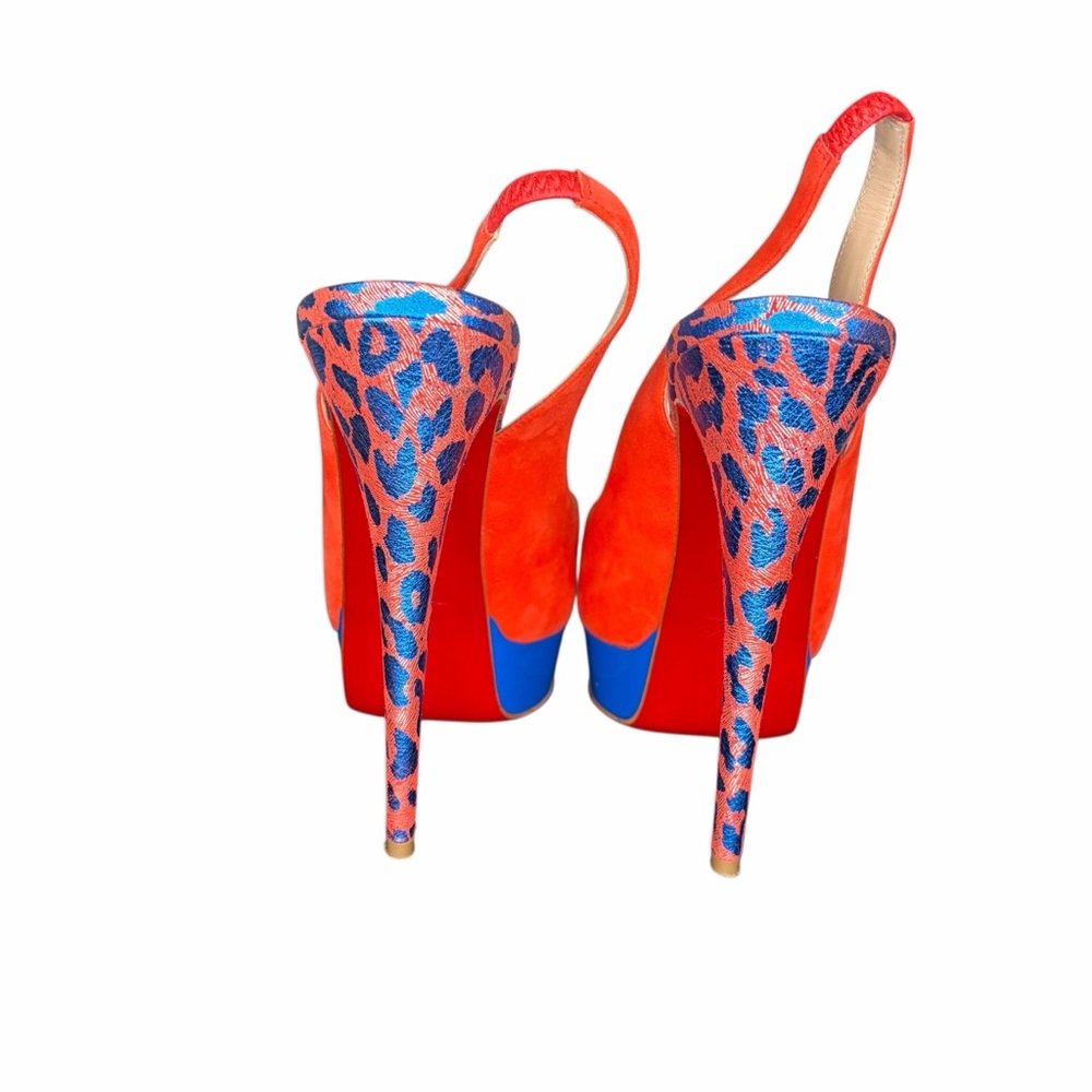 Christian Louboutin Red/Orange Suede Peep-Toe Platform Slingback Size 38.5 - Picture 3 of 9